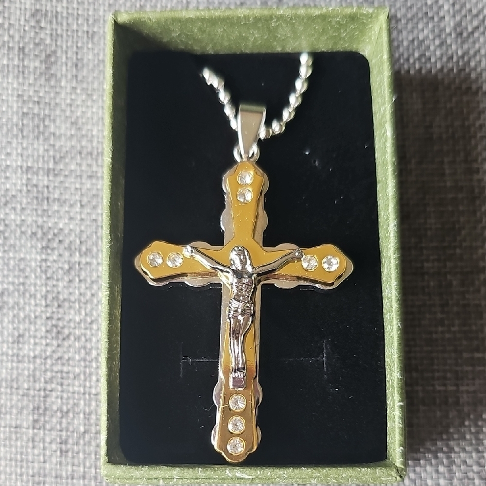 NIB Gold and Silver Crucifix Pendant Necklace Rhinestone Accents